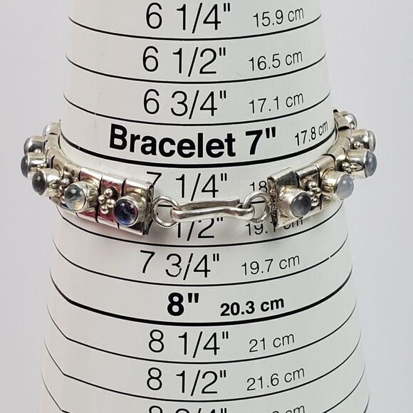 Sterling Silver 925 Opalite Glass Cabochon Panel Bead Link Bracelet Chunky 7.25" - Picture 13 of 15